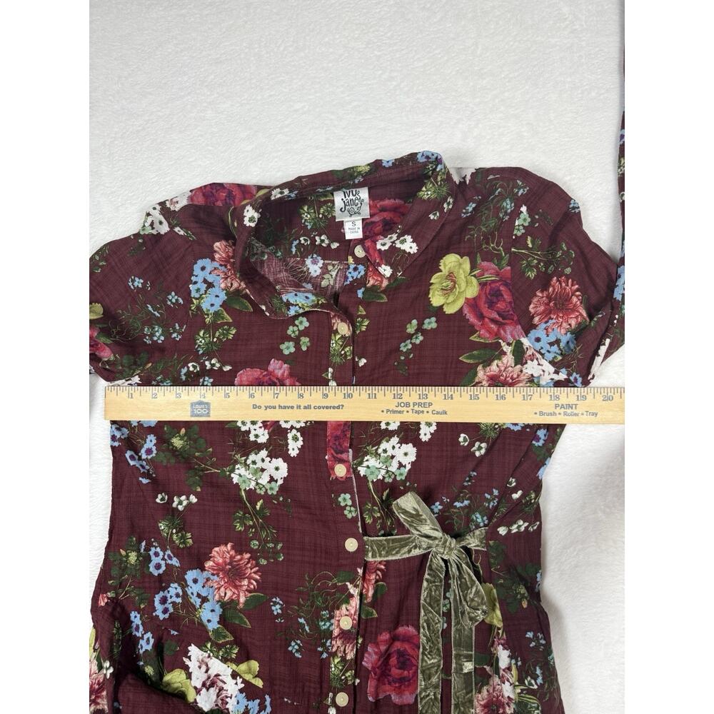 Ivy Jane Women’s Tunic Shirt Dress Sz S Burgundy Floral Ruffled Velvet Tie - Picture 10 of 12